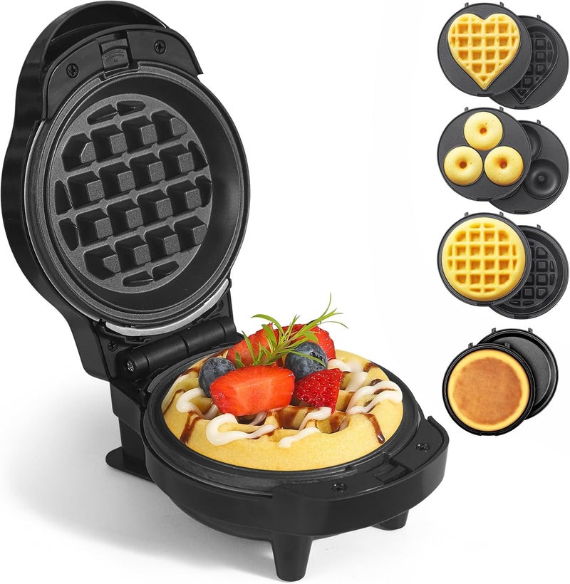 UVFAST Mini Waffles Maker with 8 Removable Plates, 4 in 1 Small Waffle Maker Mini- Waffle, Heart Waffle, Pancake, Donut, 4.5" Non Stick Waffle Iron for Kids and Families, Black - Image 1